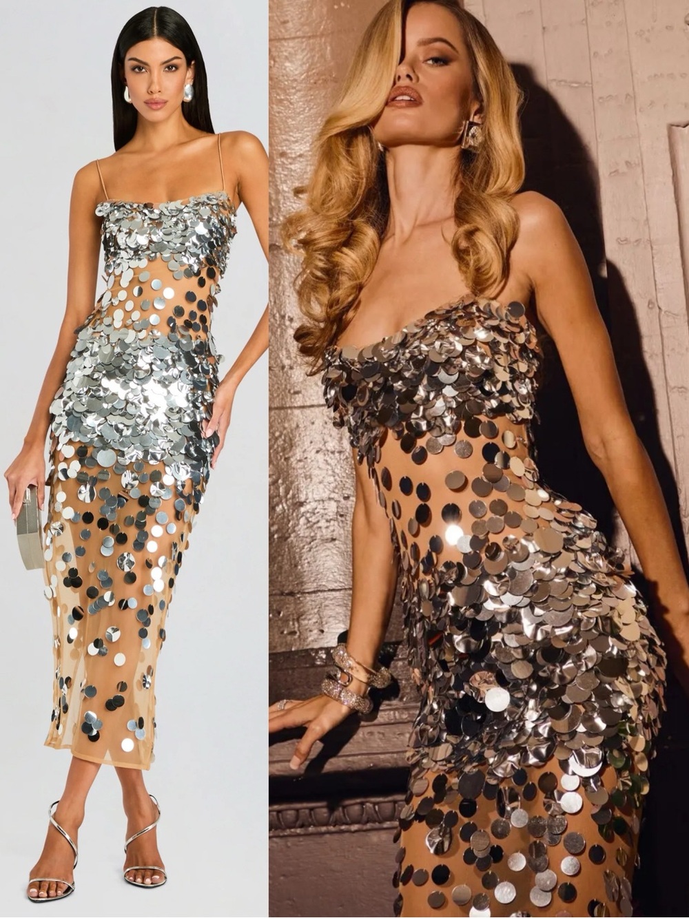 Retrofete Mischa Sequin Embellished Sheer Midi Dress Nude Silver NEW with tags